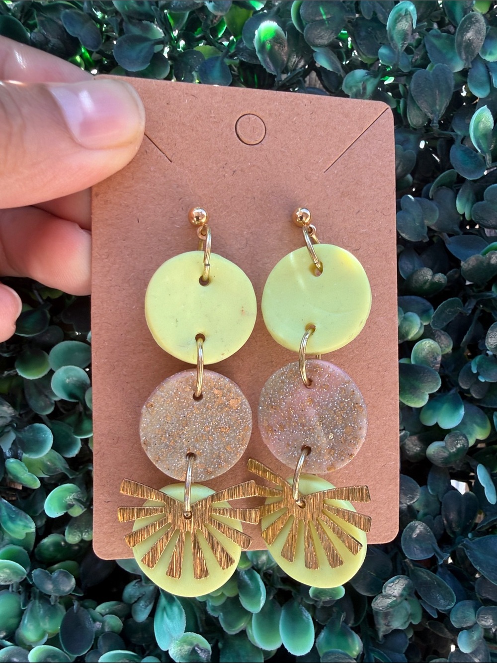 Handmade Polymer Clay Gold Tone Accent Lime Green Dangle Earrings